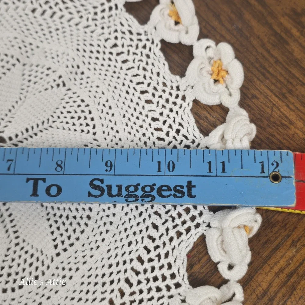 Floral Doily Round Flower White Yellow Lace Crochet Cottage Granny Decor 11.5